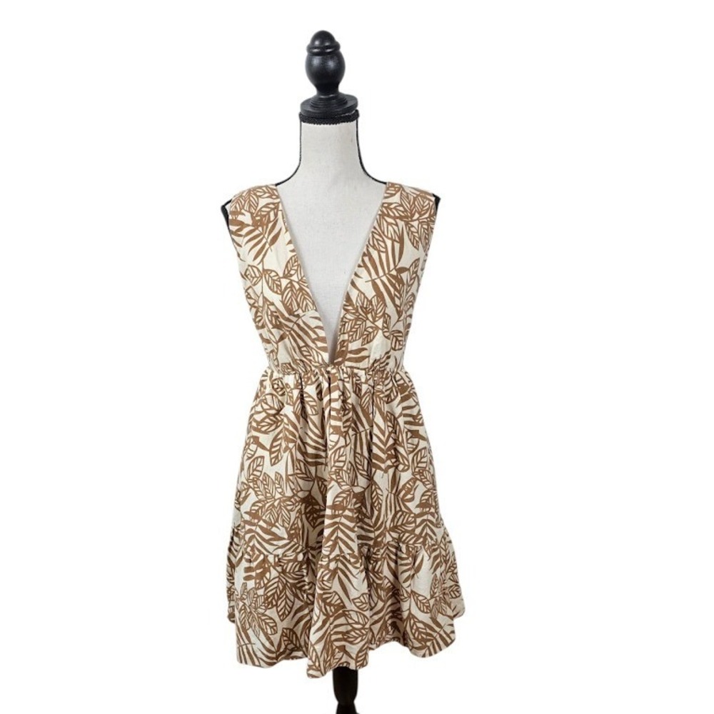 House of Harlow 1960 Dress Womens M Brown Tropical Leaf Back Tie Mini Boho